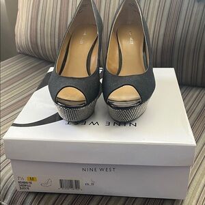 Nine West Black Peep-Toe Platform Heels with Silver Metallic Accent